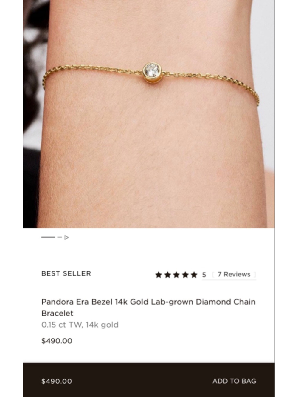 Pandora Era Bezel 14k Gold Lab-grown Diamond Chain Bracelet 0.15 ct TW, Size 2